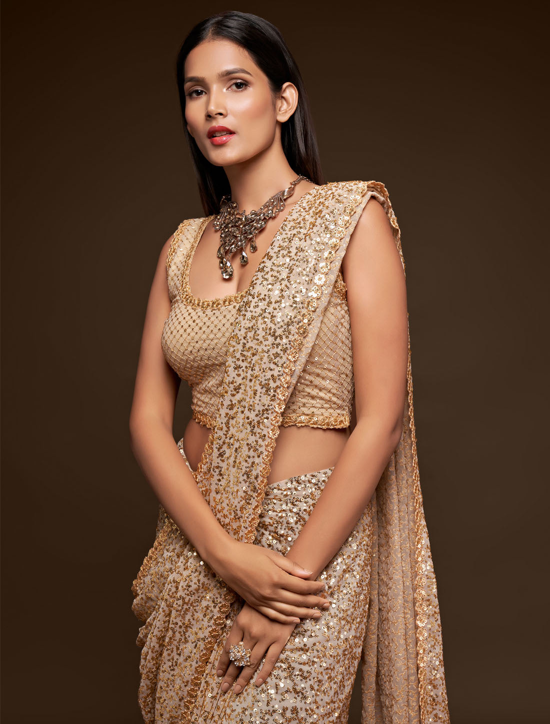 Cream Allure in With Thread and Multiple Sequins Embroidery Georgette Embroidered Saree