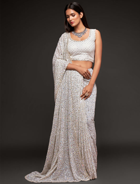 Starry White Nights Georgette With Thread and Multiple Sequins Embroidery Party Saree