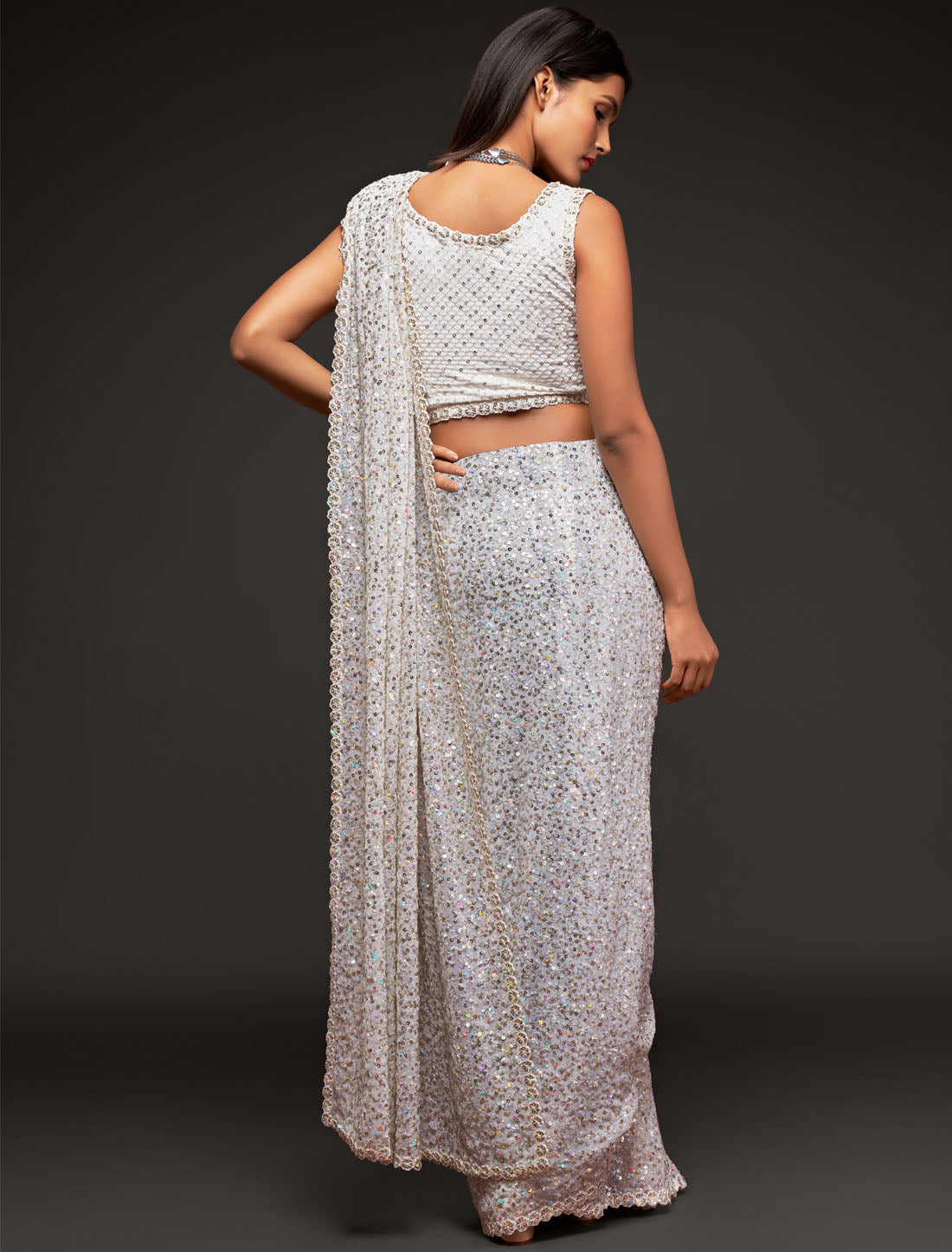 Starry White Nights Georgette With Thread and Multiple Sequins Embroidery Party Saree