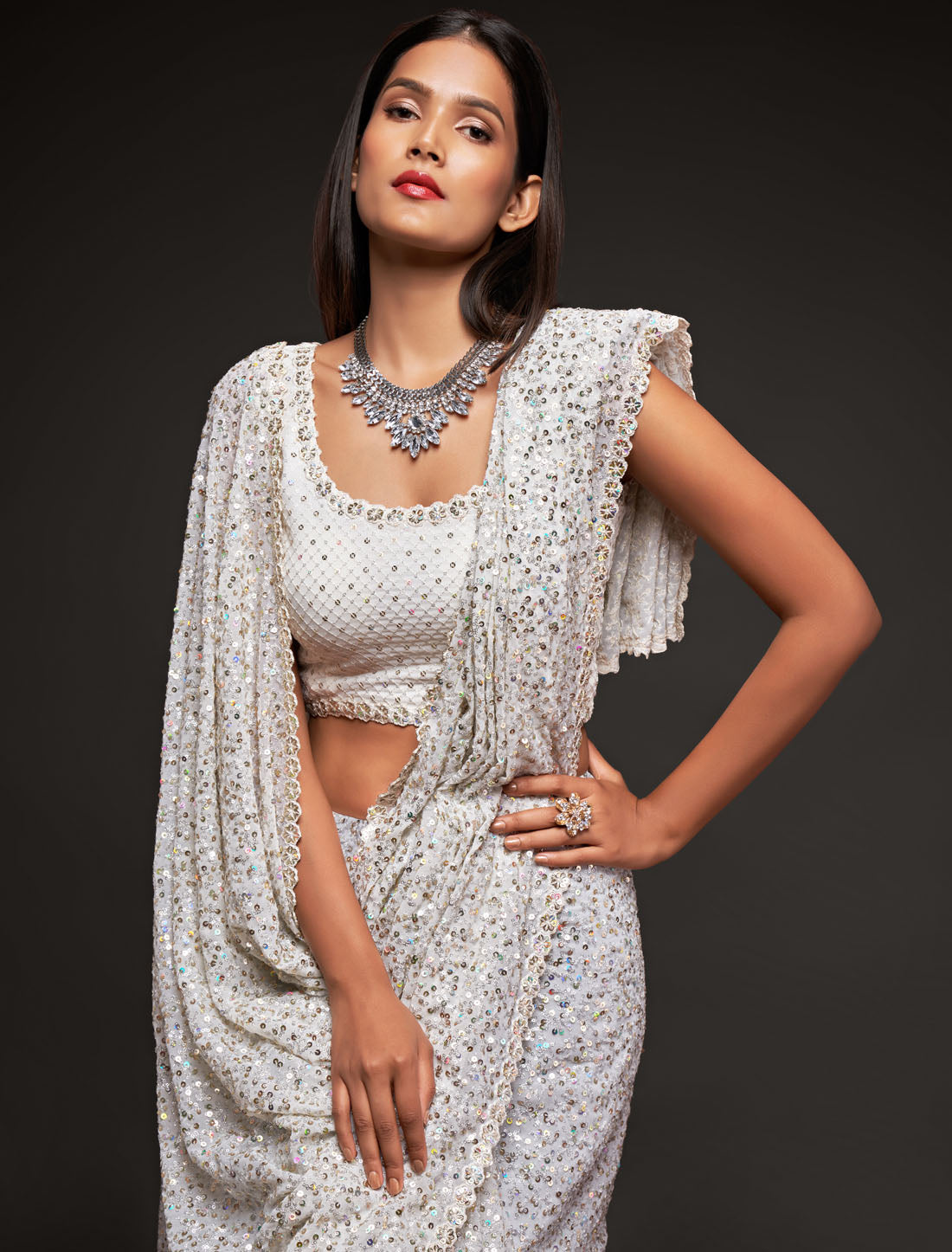 Starry White Nights Georgette With Thread and Multiple Sequins Embroidery Party Saree