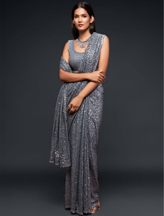 Grey Chic Charm With Thread and Multiple Sequins Embroidery Georgette Embroidered Saree