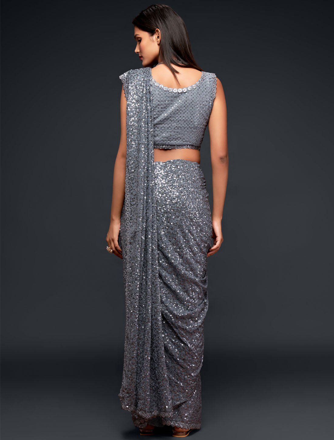 Grey Chic Charm With Thread and Multiple Sequins Embroidery Georgette Embroidered Saree