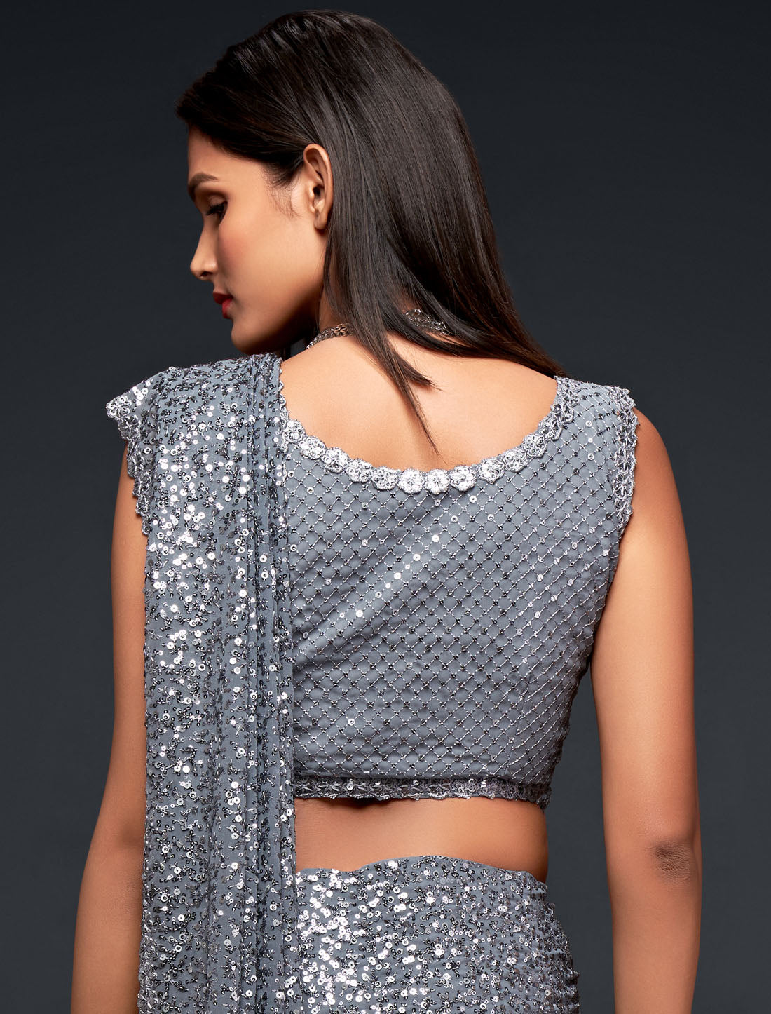 Grey Chic Charm With Thread and Multiple Sequins Embroidery Georgette Embroidered Saree