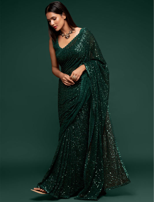 Sway with Style Green Georgette With Thread and Multiple Sequins Embroidery Partywear Saree