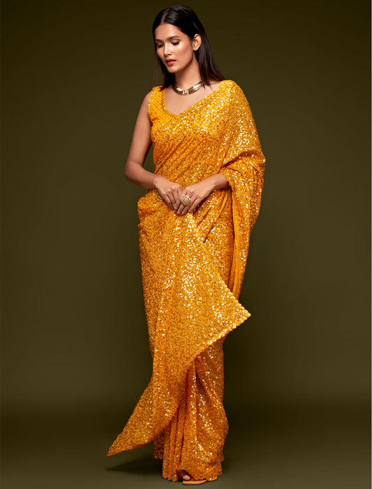 Timeless Beauty Yellow Georgette Embroidery Saree With Thread and Multiple Sequins Embroidery