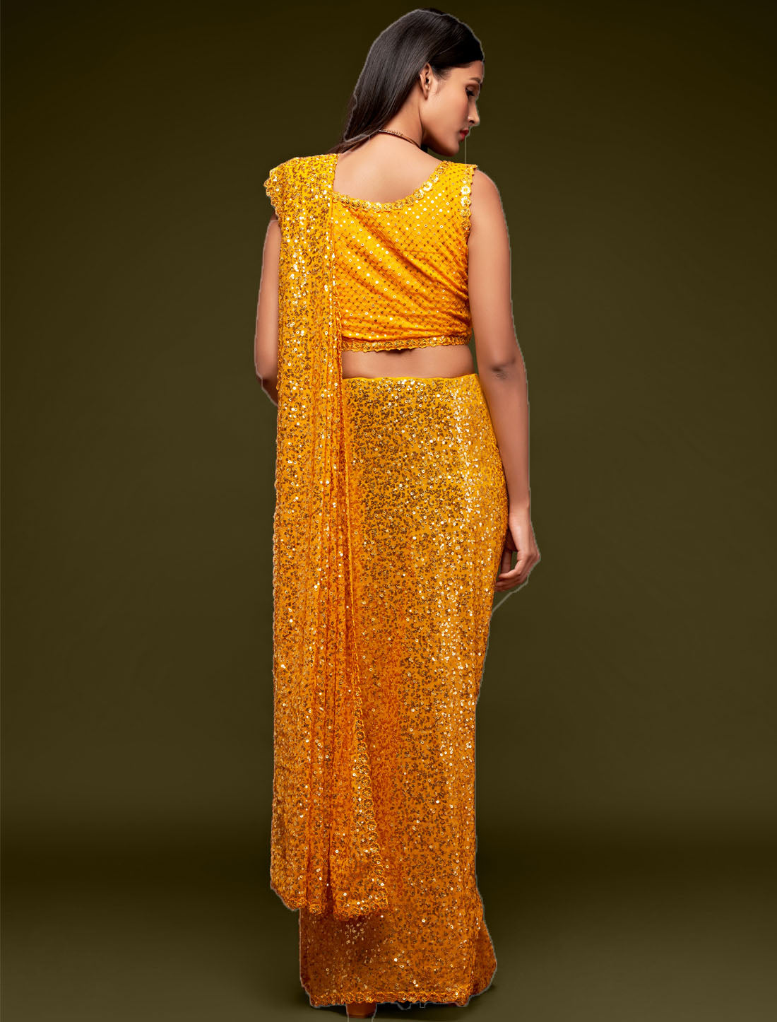 Timeless Beauty Yellow Georgette Embroidery Saree With Thread and Multiple Sequins Embroidery