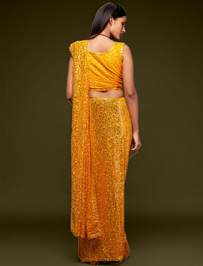 Timeless Beauty Yellow Georgette Embroidery Saree With Thread and Multiple Sequins Embroidery