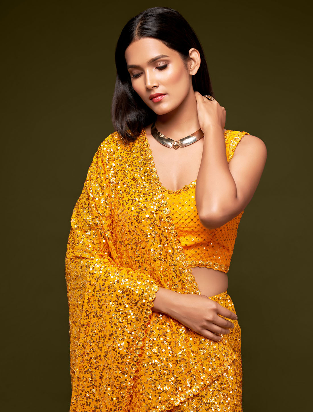 Timeless Beauty Yellow Georgette Embroidery Saree With Thread and Multiple Sequins Embroidery