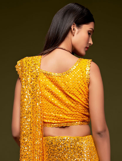 Timeless Beauty Yellow Georgette Embroidery Saree With Thread and Multiple Sequins Embroidery