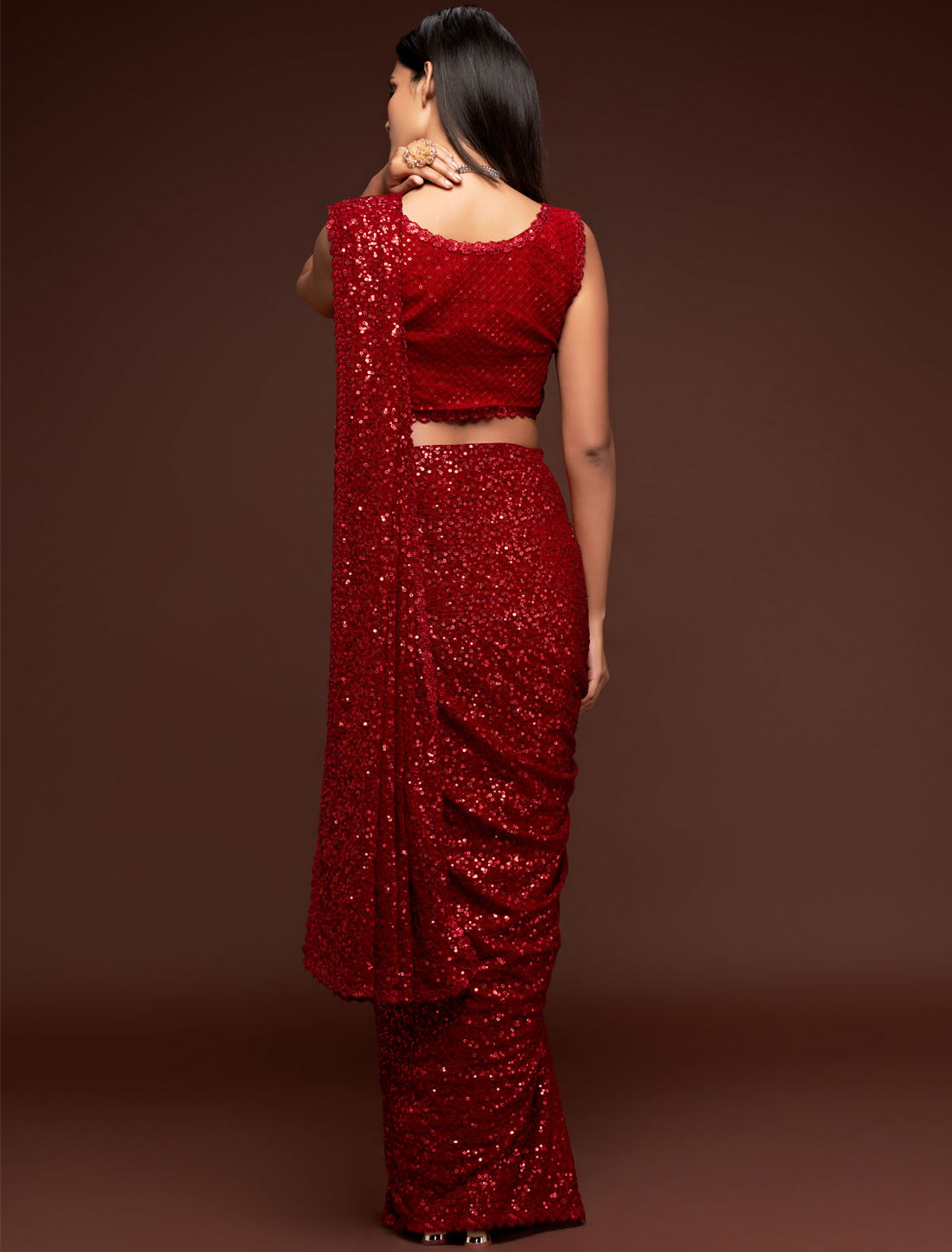 Red Georgette Glam Party Extravaganza With Thread and Multiple Sequins Embroidery