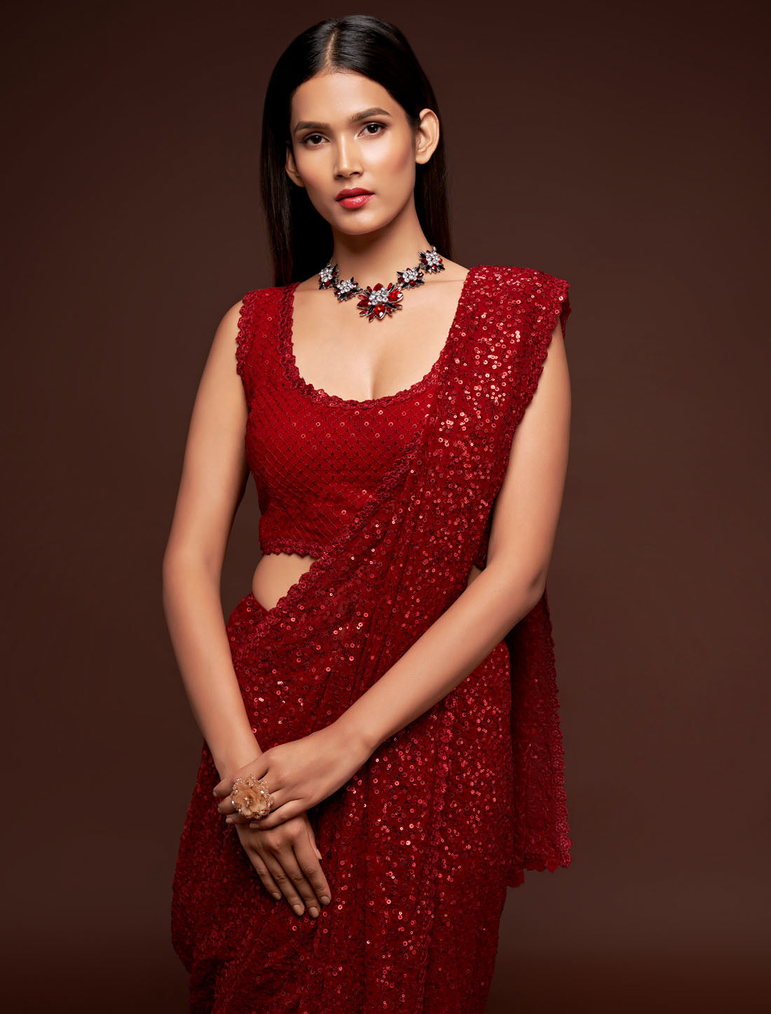 Red Georgette Glam Party Extravaganza With Thread and Multiple Sequins Embroidery