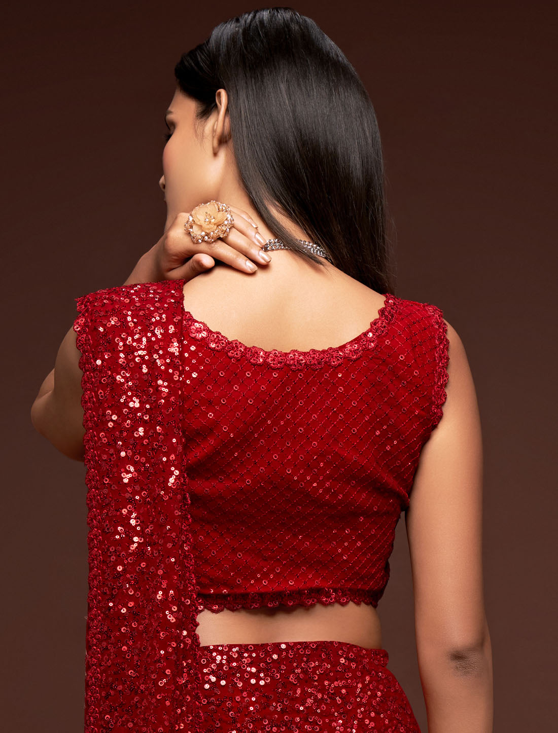 Red Georgette Glam Party Extravaganza With Thread and Multiple Sequins Embroidery