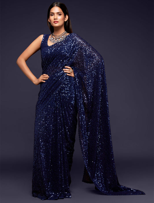 Whispers of Blue Tradition Georgette With Thread and Multiple Sequins Embroidery Party Saree