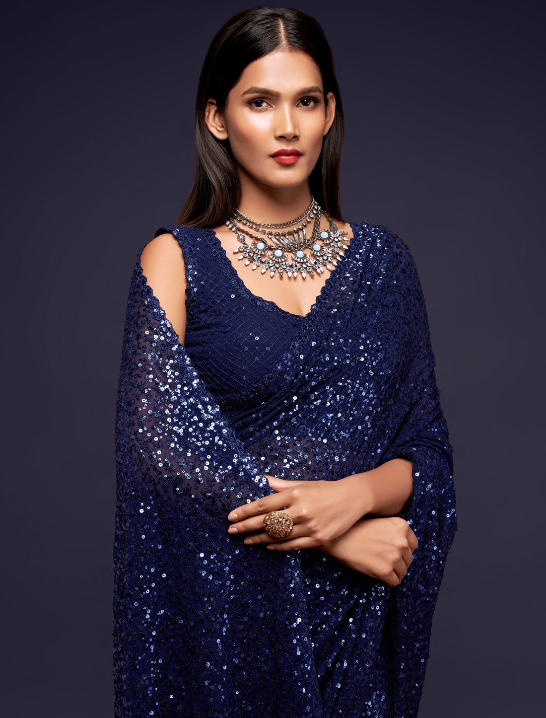 Whispers of Blue Tradition Georgette With Thread and Multiple Sequins Embroidery Party Saree