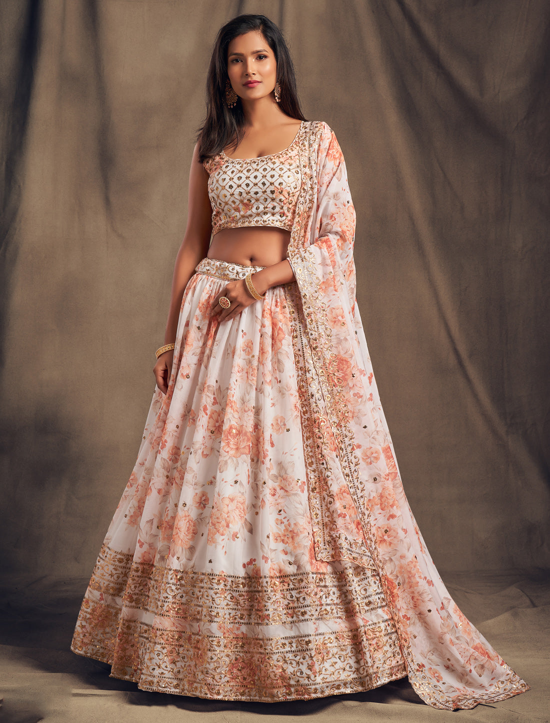 Ethnic White Organza Lehenga Choli With Sequins Embroidery