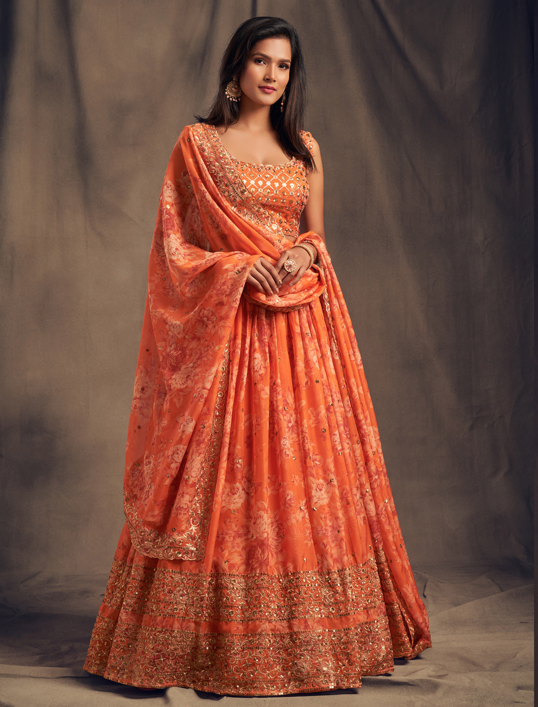 Ethnic Orange Organza Lehenga Choli With Zari Work