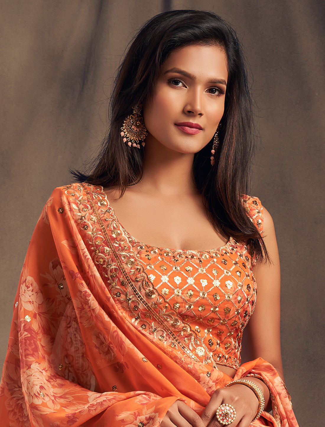 Ethnic Orange Organza Lehenga Choli With Zari Work