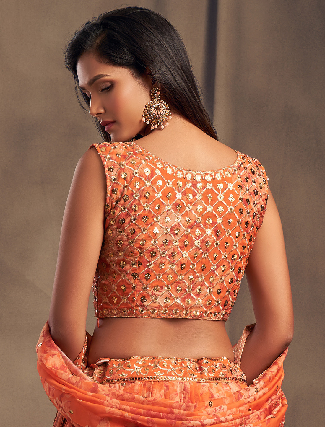 Ethnic Orange Organza Lehenga Choli With Zari Work