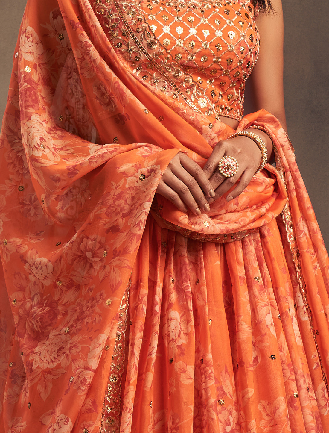 Ethnic Orange Organza Lehenga Choli With Zari Work