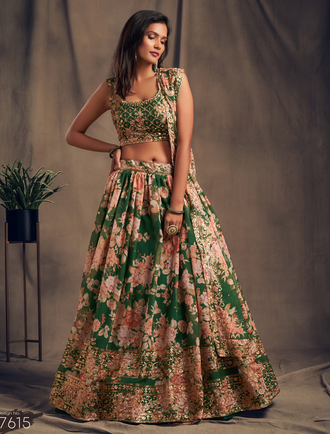 Green Ethnic Lehenga Set With Zari Embroidery