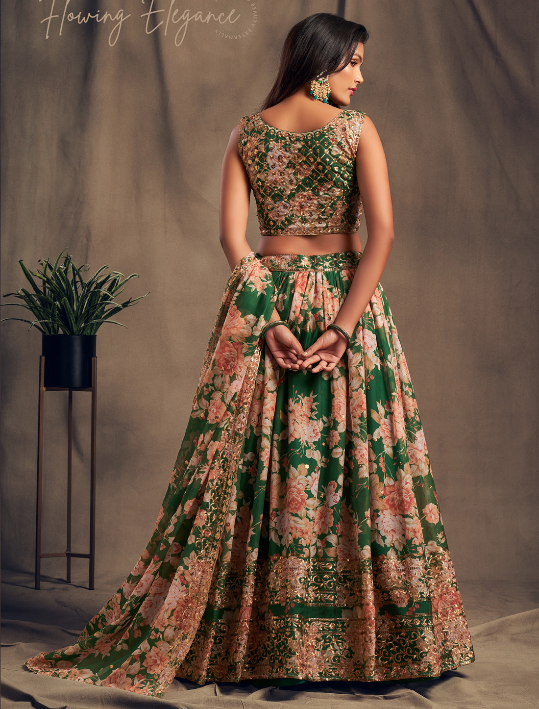 Green Ethnic Lehenga Set With Zari Embroidery