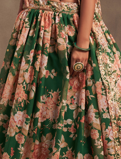 Green Ethnic Lehenga Set With Zari Embroidery
