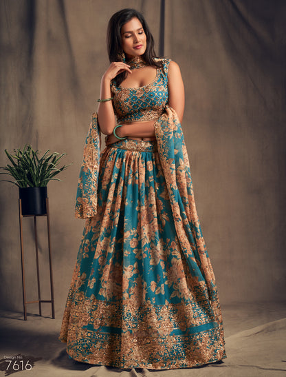 Teal Blue Ethnic Lehenga Choli With Embroidery