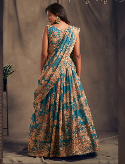 Teal Blue Ethnic Lehenga Choli With Embroidery