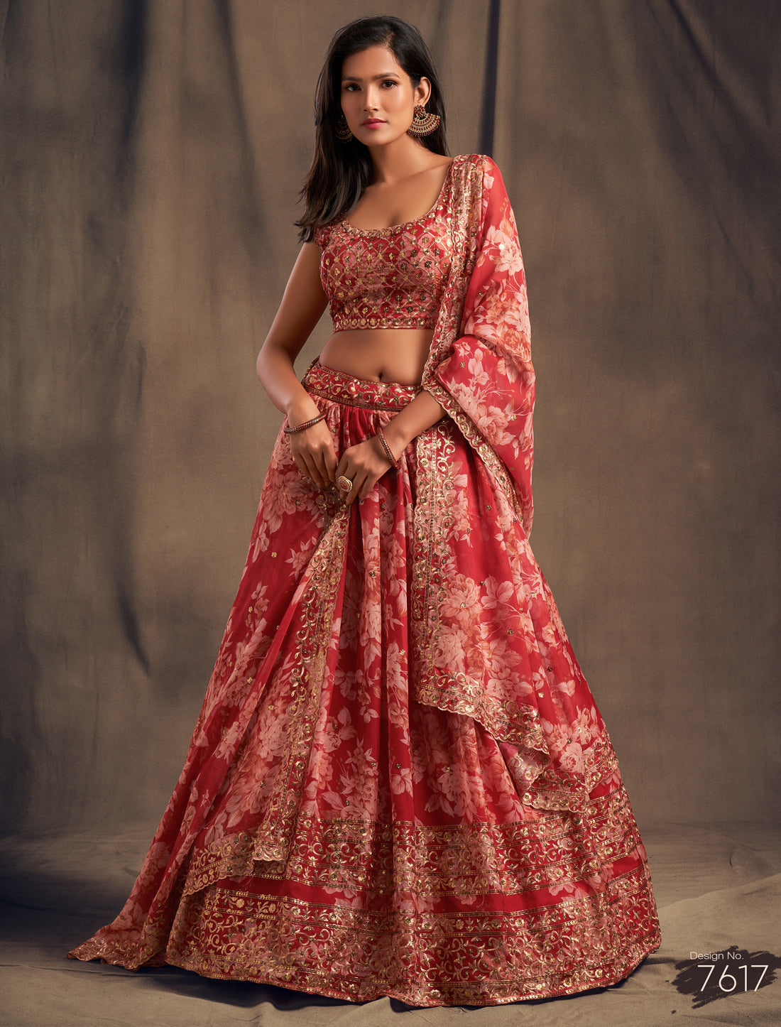 Red Ethnic Organza Lehenga Set With Embroidery