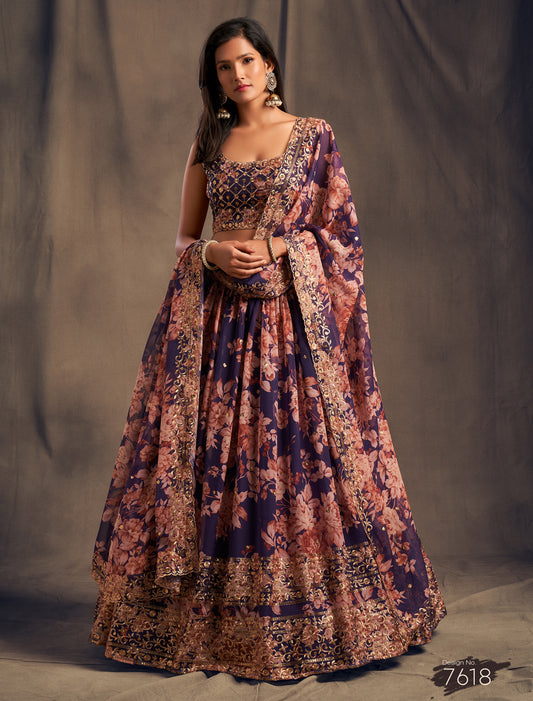 Ethnic Purple Organza Lehenga Set With Embroidery