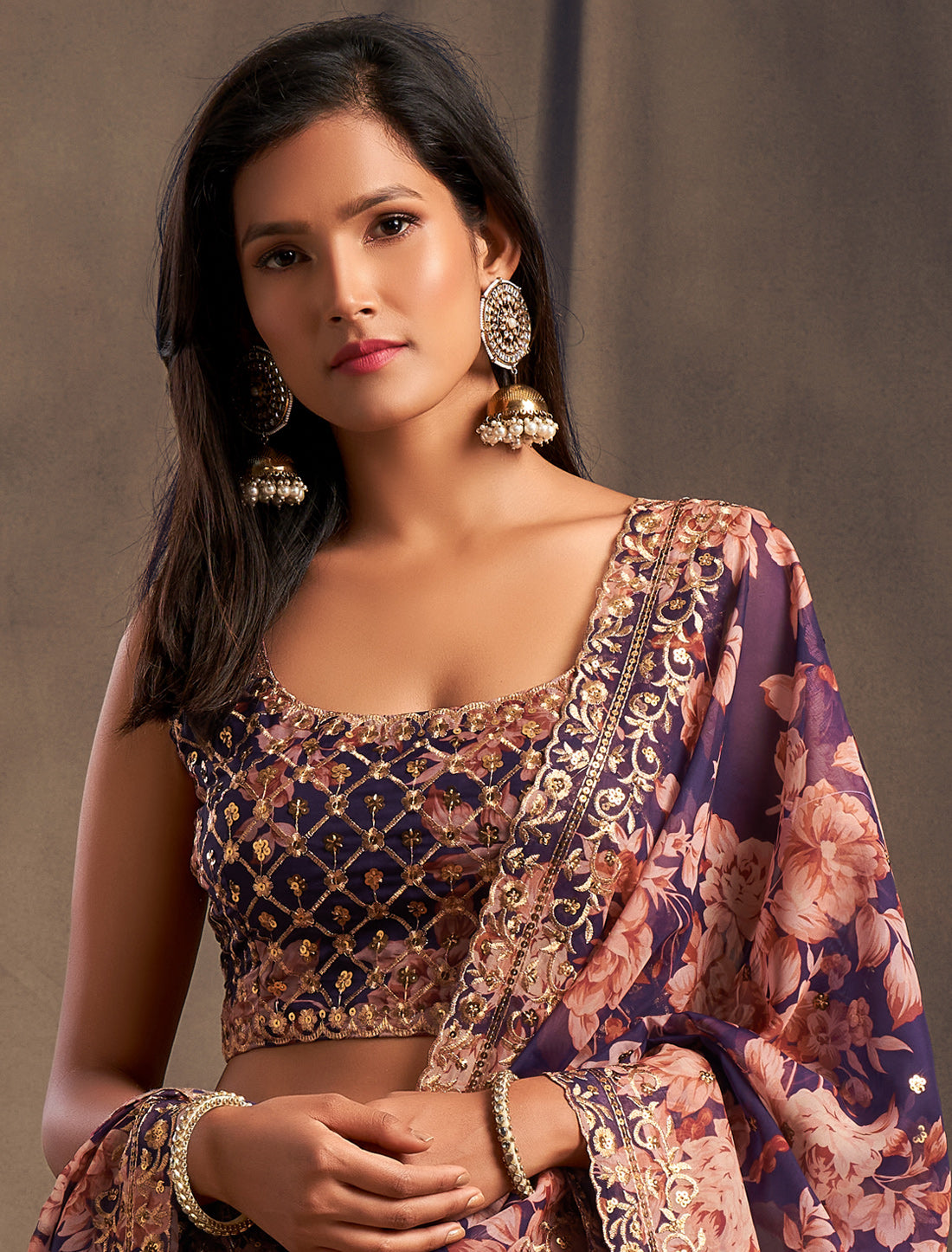 Ethnic Purple Organza Lehenga Set With Embroidery