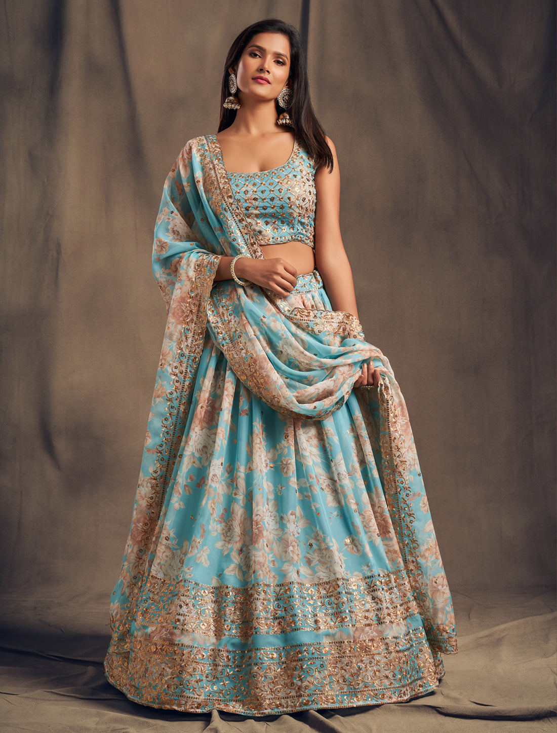 Ethnic Sky Blue Organza Lehenga Choli Set with Embridery