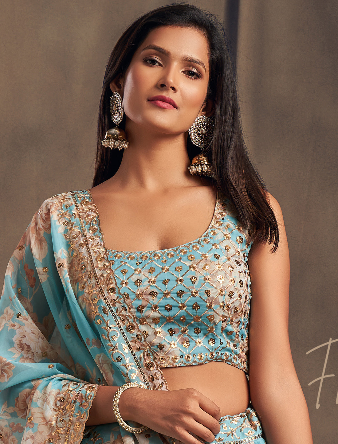 Ethnic Sky Blue Organza Lehenga Choli Set with Embridery