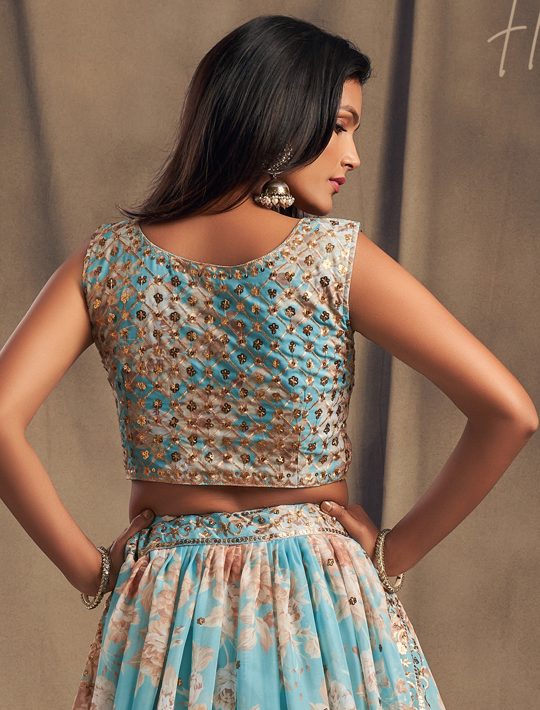 Ethnic Sky Blue Organza Lehenga Choli Set with Embridery