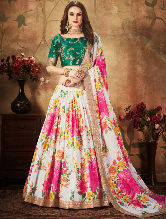 Off White & Green Ethnic Semi Stitiched Organza & Slub Silk Women Lehenga Choli