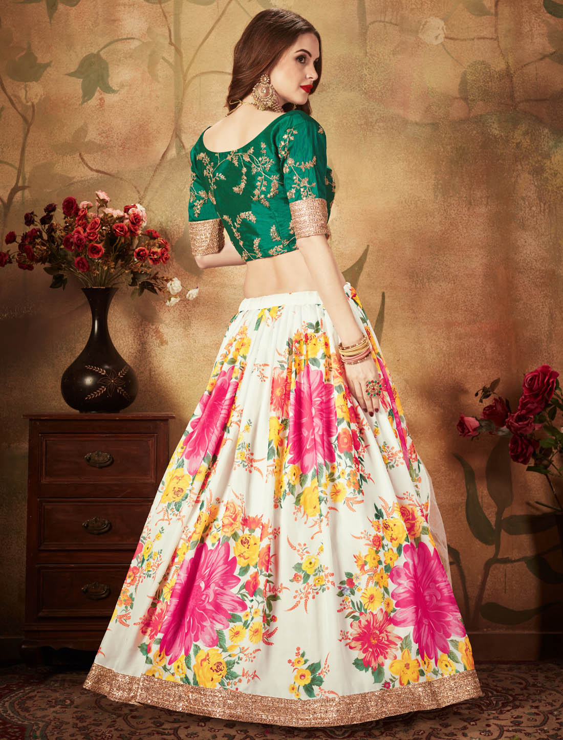 Off White & Green Ethnic Semi Stitiched Organza & Slub Silk Women Lehenga Choli