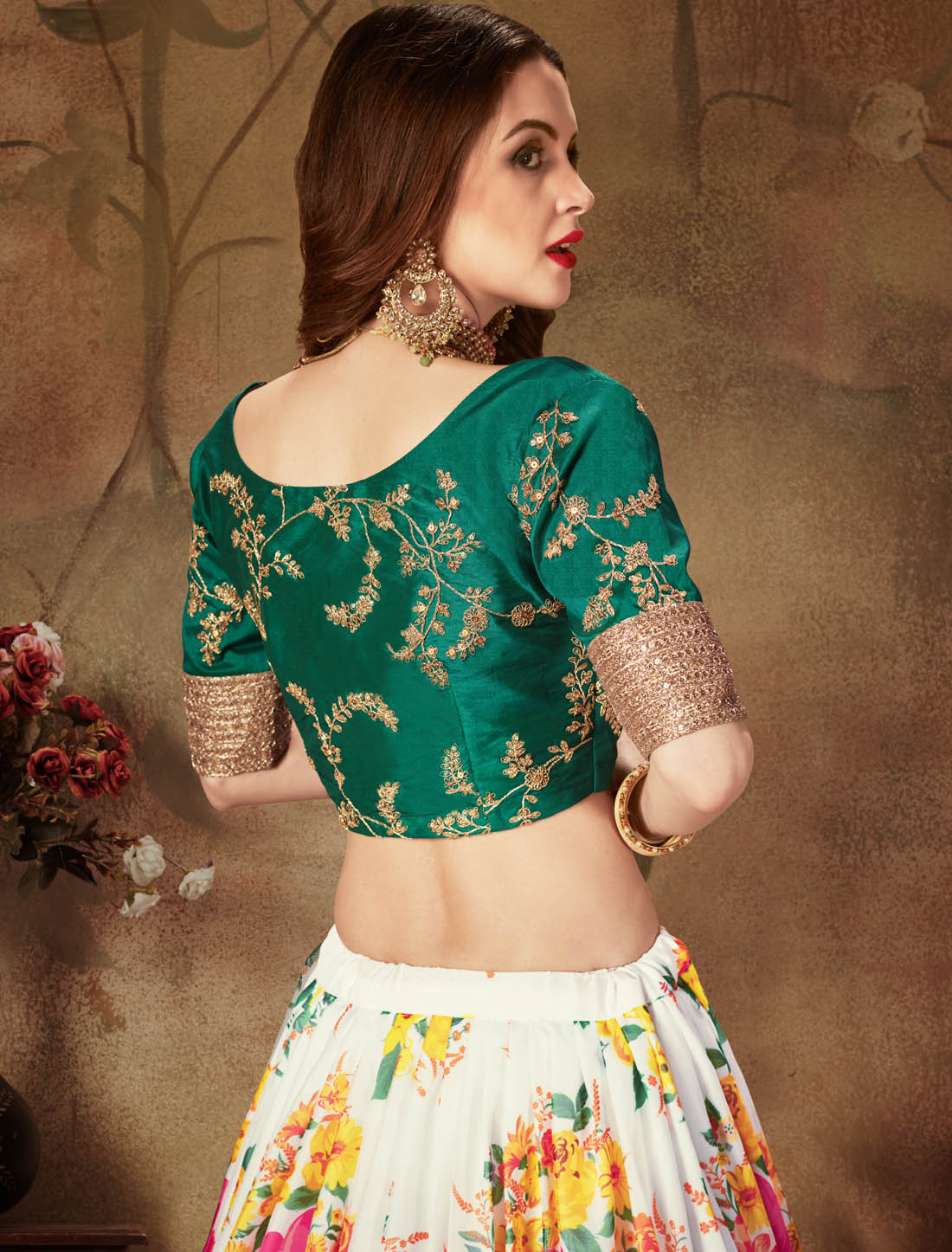 Off White & Green Ethnic Semi Stitiched Organza & Slub Silk Women Lehenga Choli