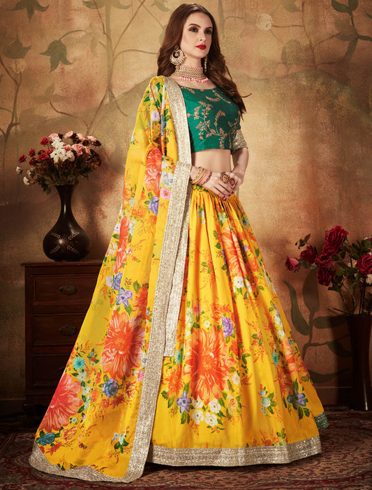 Yellow & Green Organza & Slub Silk Women Ethnic Lehenga Choli