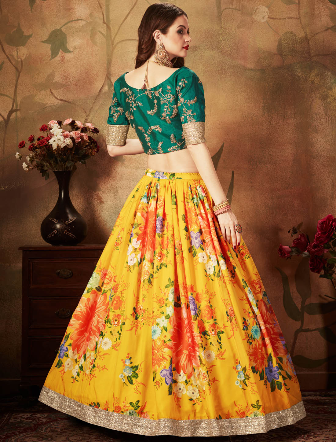 Yellow & Green Organza & Slub Silk Women Ethnic Lehenga Choli