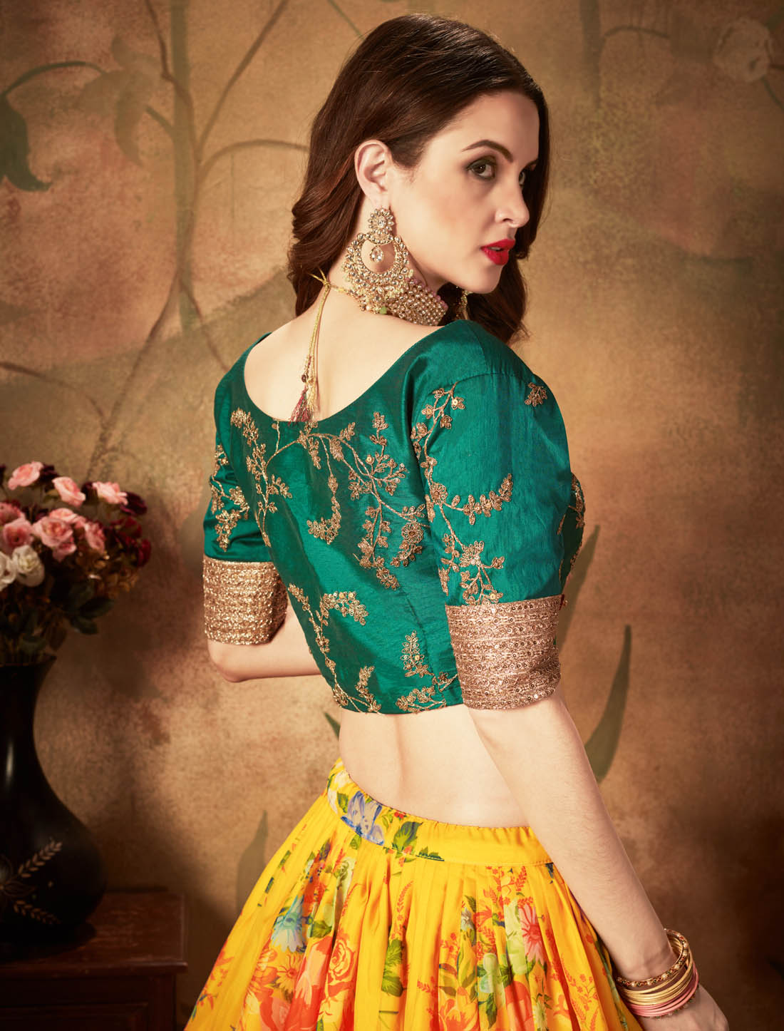 Yellow & Green Organza & Slub Silk Women Ethnic Lehenga Choli