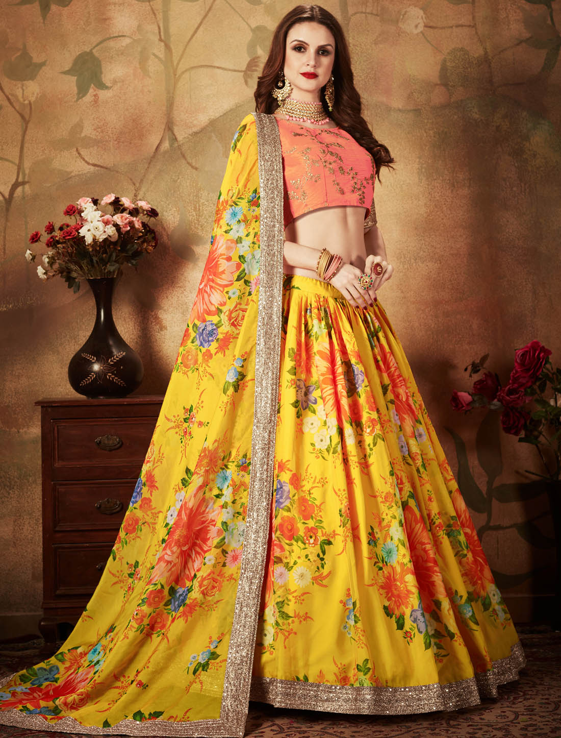 Yellow & Orange Women Organza Elevate Your Ethnic Lehenga Choli