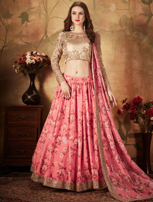 Pink & Beige Organza Ethnic Women Lehenga Choli With Digital Print & Dori, Zari & Sequins