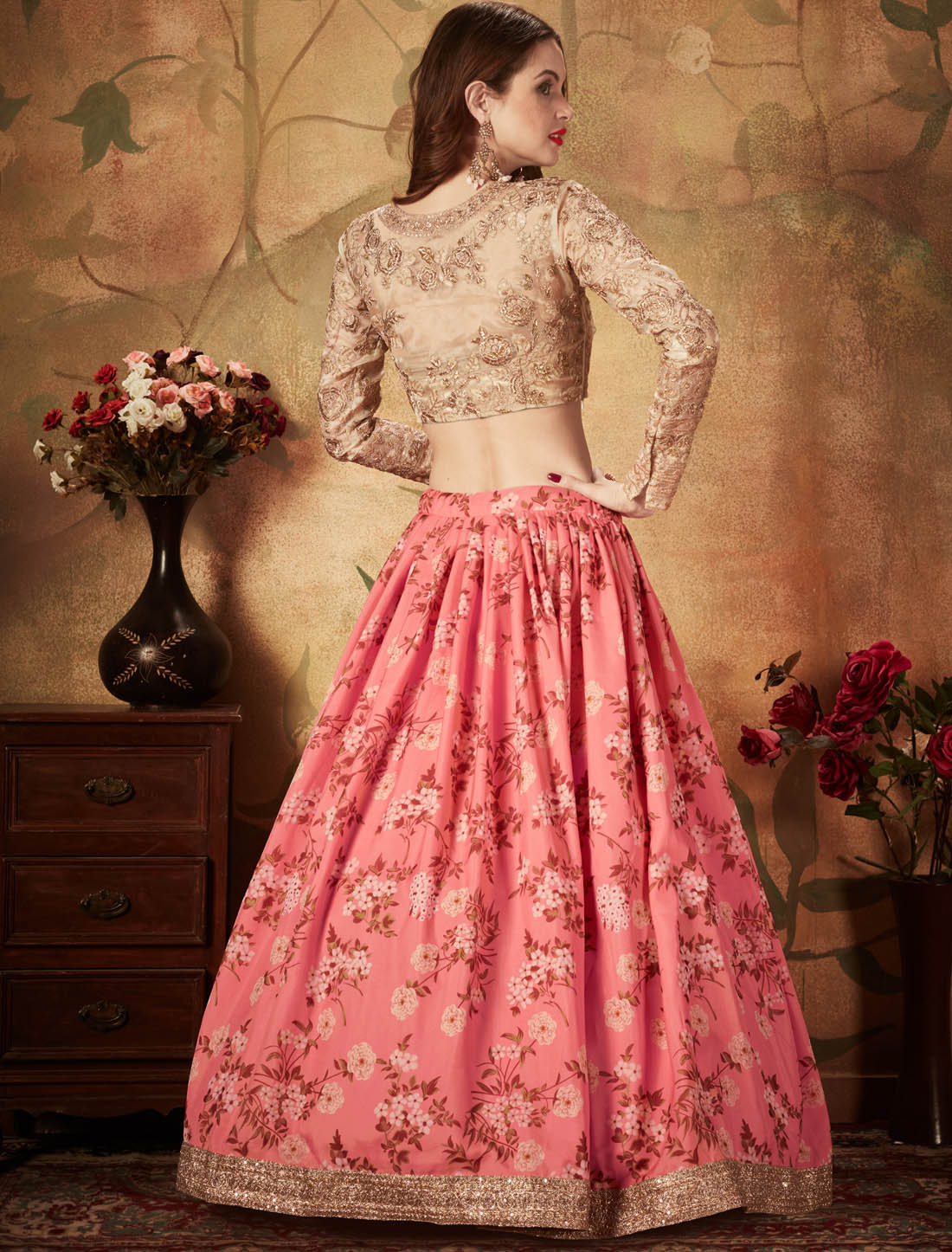 Pink & Beige Organza Ethnic Women Lehenga Choli With Digital Print & Dori, Zari & Sequins