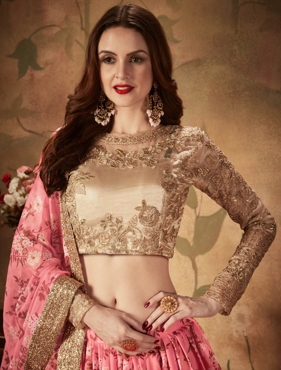 Pink & Beige Organza Ethnic Women Lehenga Choli With Digital Print & Dori, Zari & Sequins