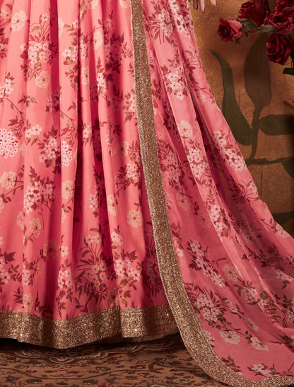 Pink & Beige Organza Ethnic Women Lehenga Choli With Digital Print & Dori, Zari & Sequins