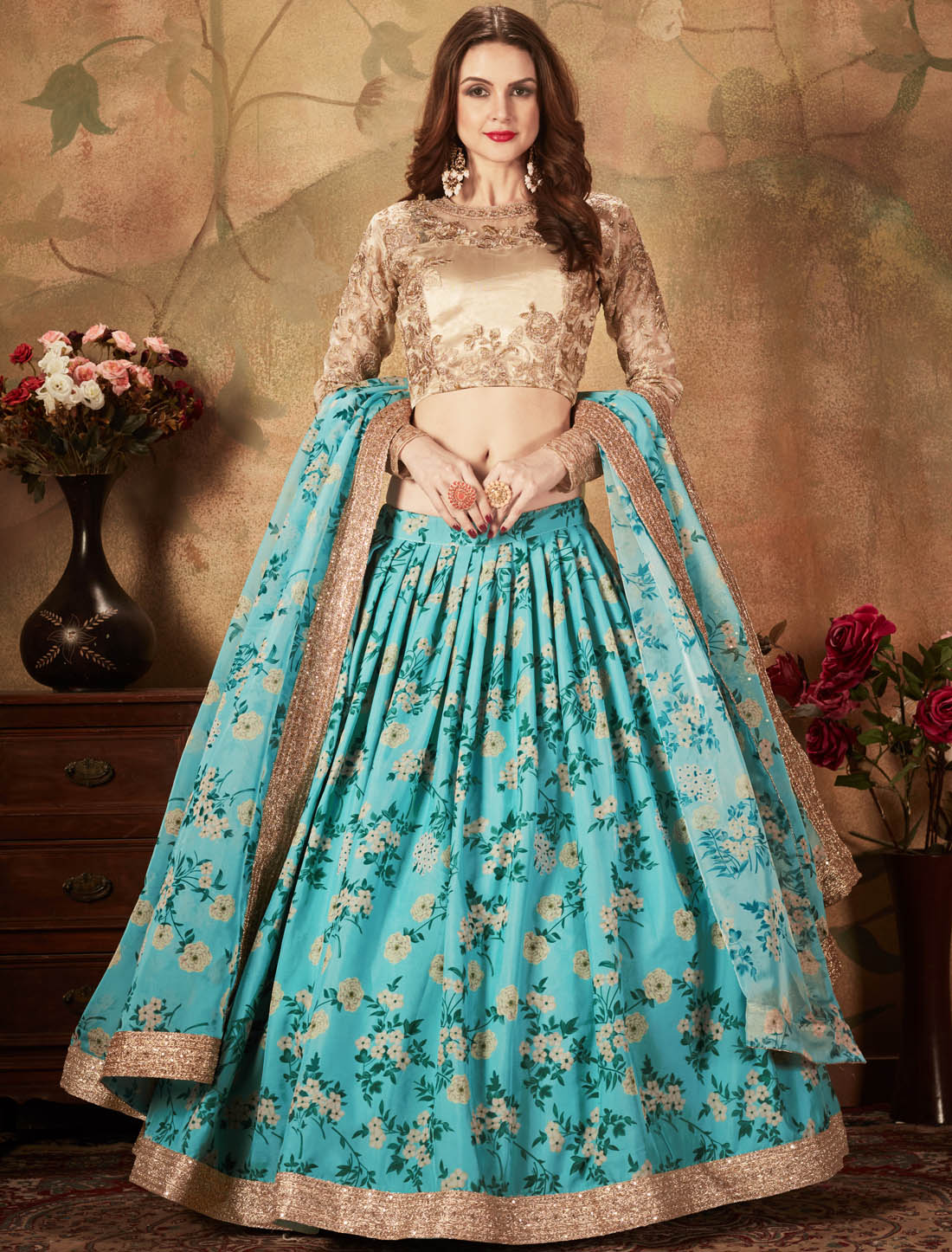 Sky Blue & Beige Ethnic Organza Women Digital Print Lehenga Choli