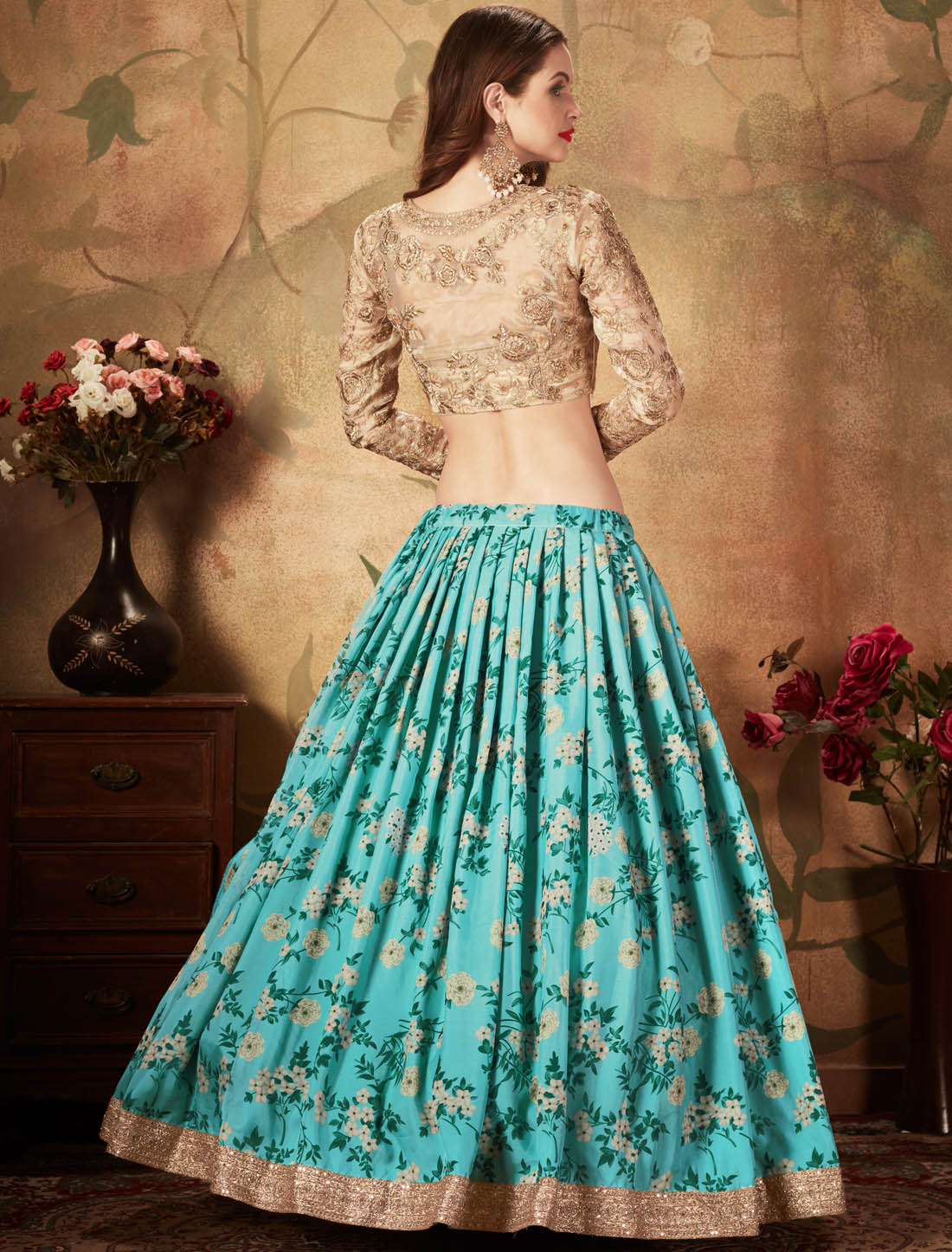 Sky Blue & Beige Ethnic Organza Women Digital Print Lehenga Choli