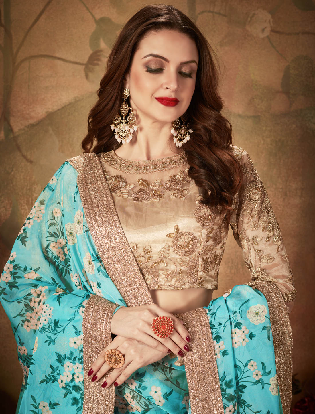 Sky Blue & Beige Ethnic Organza Women Digital Print Lehenga Choli