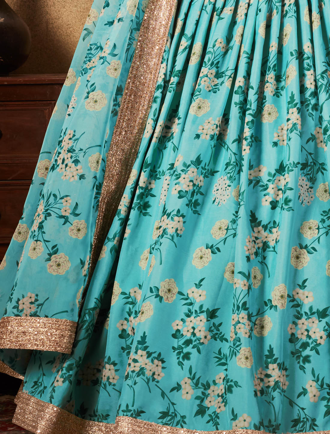 Sky Blue & Beige Ethnic Organza Women Digital Print Lehenga Choli