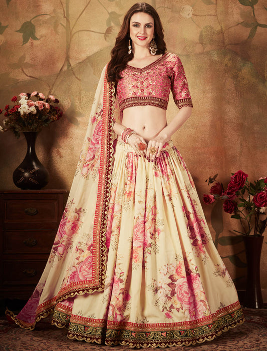 Beige & Peach Semi Stitched Organza & Slub Silk Ethnic Lehenga Choli For Women